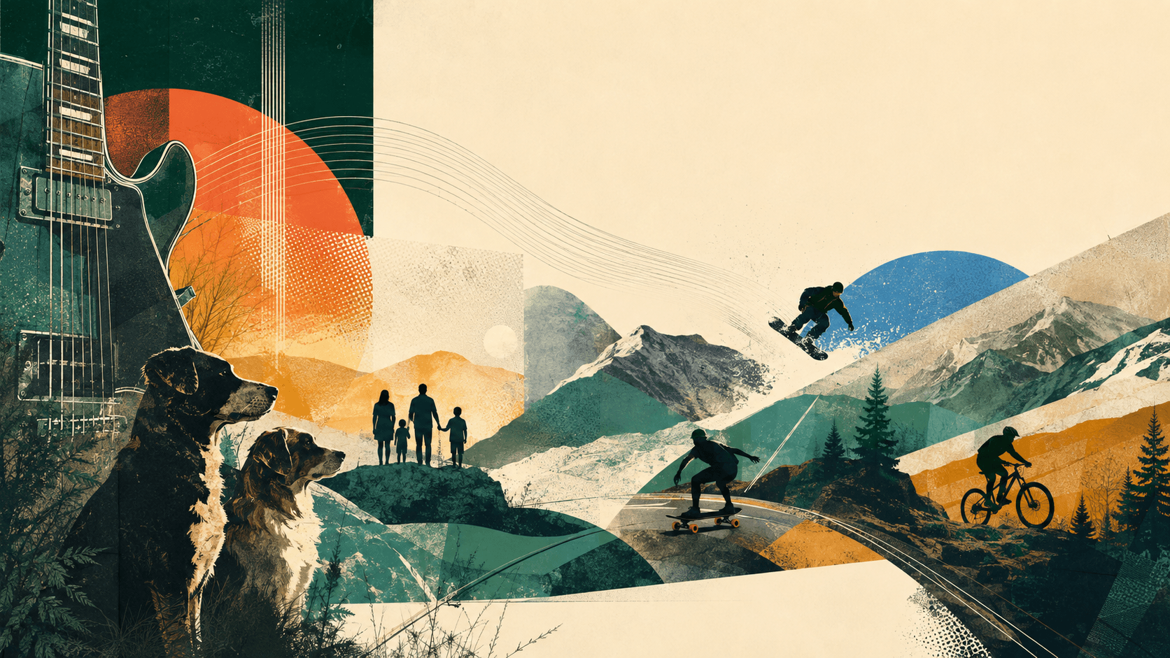 Editorial collage reflecting music, family, dogs, snowboarding, longboarding, and mountain biking