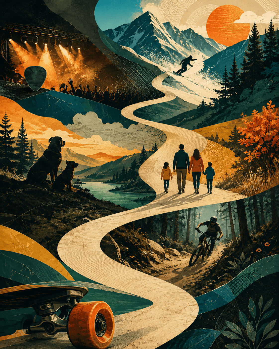 Editorial illustration of a personal journey through music, family life, dogs, snowboarding, longboarding, and mountain biking